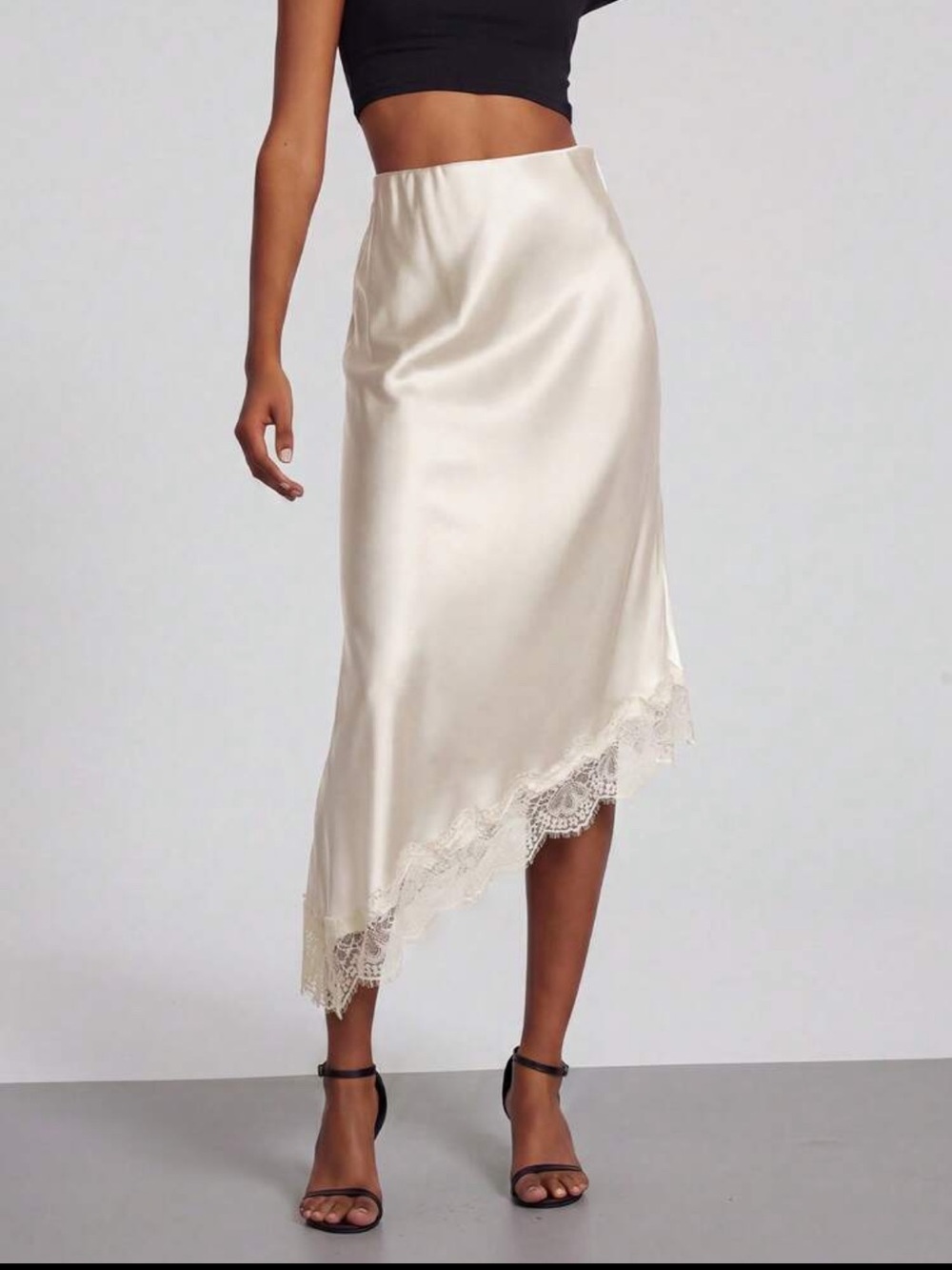 Satin Lace-Trim Asymmetrical High Rise Midi Skirt - Black - Picture 11 of 15
